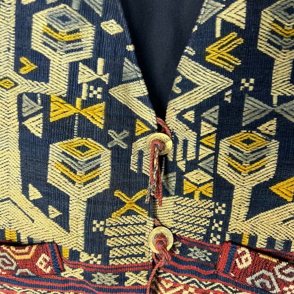 Black Brown Woven Geometric Folk Art Pattern Button Up Vest Large - Picture 4 of 7